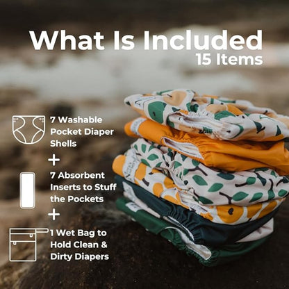 Nora's Nursery Cloth Diapers 7 Pack with 7 Inserts & 1 Wet Bag - Waterproof Cover, Washable, Reusable & One Size Adjustable Pocket Diapers for Newborns and Toddlers - PearFect
