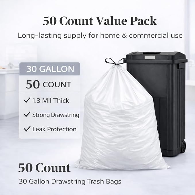 30 Gallon Drawstring Trash Bags, 50 Count, 1.3 Mil Extra Strong White Large Garbage Bags, Unscented Trash Liners for Kitchen, Office & Everyday Yard Cleanup, Fits 100-115L Cans