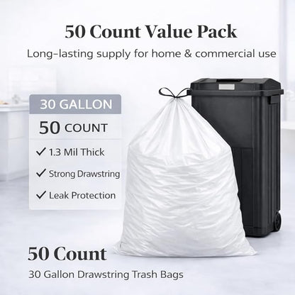 30 Gallon Drawstring Trash Bags, 50 Count, 1.3 Mil Extra Strong White Large Garbage Bags, Unscented Trash Liners for Kitchen, Office & Everyday Yard Cleanup, Fits 100-115L Cans