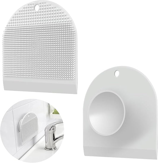 2 Pack Silicone Sink Cleaning Brush with Squeegee, Flexible Non-Scratch Dish Scrubber for Kitchen and Bathroom Sink, Countertop & Dishwashing, Suction Cup Hanging Design (White)