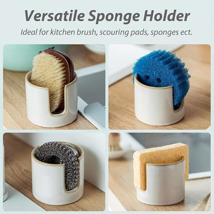 Zoeeker Sponge Holder for Kitchen Sink, Ceramic Dish Sponge Drying Caddy Scrubby Daddy Kitchen Organizer Cute Dish Rack for Sink Counter, Beige White