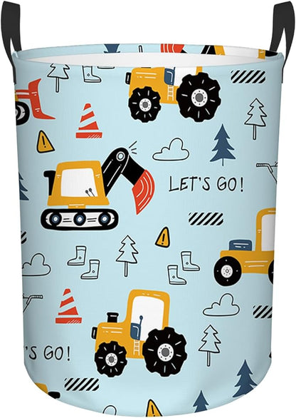 Car Laundry Basket for Boys, Construction Trucks, Construction Transports Theme Bucket, Collapsible Storage Bin with Handles for Toy, Gift for Chritsmas Thanksgiving 13.8x17.7in