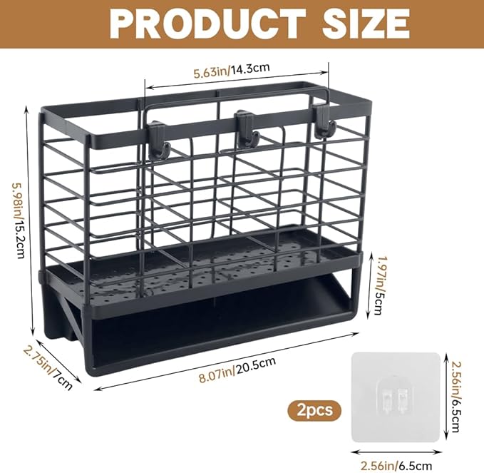 3-Compartment Dish Drying Rack for Kitchen, Carbon Steel Utensil Holder with Drain Tray, Utensil Caddy Organizer for Knives, Forks, Spoons, Chopsticks, Wall Mount or Countertop (Charcoal Grey)