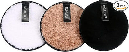 Vtrem 3 Colors Reusable Makeup Remover Pads Washable Double-Side Face Eye Lip Remover Pads Multi-Function Microfiber Soft Facial Cleaning Puffs Towels for All Skin, Black/White/Coffee