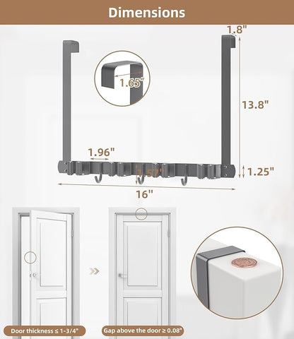 Broom Holder Over The Door-304 Stainless Steel Mop and Broom Holder Wall Mounted or Hanging Over The Door with Hooks - Broom Hanger, Tool Organizer for Garage Closet Laundry Kitchen-Space grey