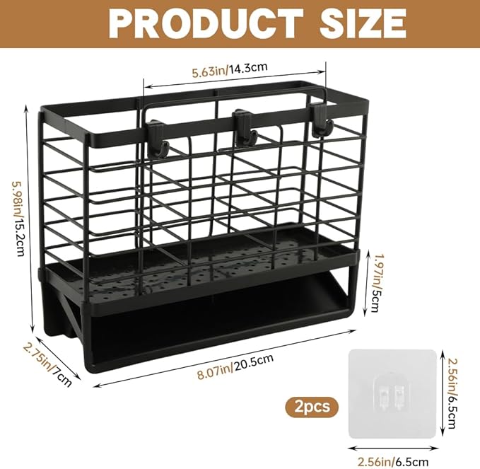 3-Compartment Dish Drying Rack for Kitchen, Carbon Steel Utensil Holder with Drain Tray, Utensil Caddy Organizer for Knives, Forks, Spoons, Chopsticks, Wall Mount or Countertop(COLOR:Black)
