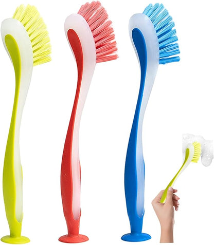 3PCS Dish Brush with Handle, 9.1x1.4 Inch Soft Dish Scrubber, Dishwashing Brush with Suction Cup for Kitchen, Cleaning Tools