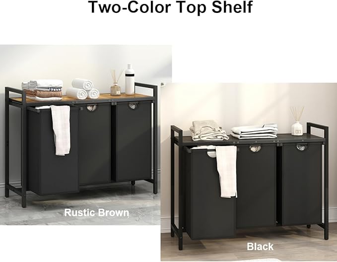 Laundry Hamper, Two -Color 3 Section Laundry Basket with 3 Removable Laundry Sorter Bags and Top Shelf, Clothes Hamper for Laundry Room, Bathroom