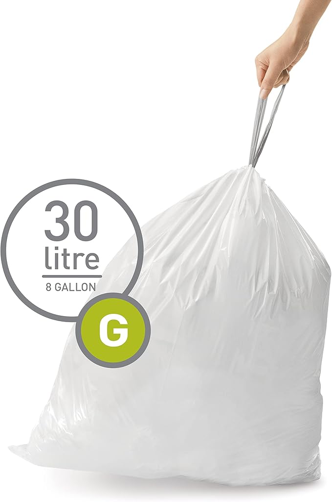 simplehuman Code G,Dispenser Pack Custom Fit Liners,Drawstring Trash Bags,30 Liter / 8 Gallon,White,60 Count (Pack of 4)