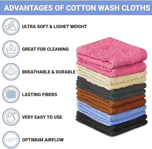 100% Cotton Washcloth Set 24 Packs – Soft, Absorbent Face Towels for Bathroom & Gym Use – Reusable, Durable & Machine Washable Wash Cloths - Multi-Color, 12x12 Inches