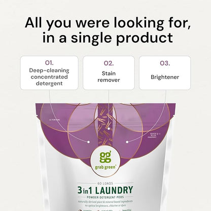 Grab Green Natural 3 in 1 Laundry Detergent Pods, Gardenia-with Essential Oils, 132 Loads, Organic Enzyme-Powered, Plant & Mineral-Based, White, 74.5Oz
