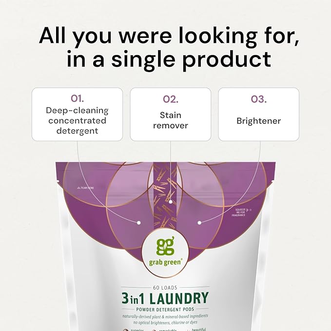 Grab Green 3-in-1 Laundry Detergent Pods, Vetiver Scent, Plant and Mineral Based, Superior Cleaning Power, Stain Remover, Brightens Clothes, White, 132 Count