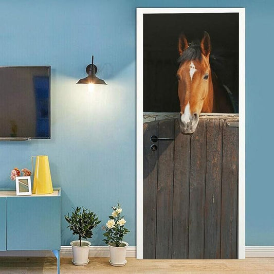 Horse 3D Door Stickers Murals - Peel & Stick Waterproof Washable Matt Finish Rustic Style Animal Print Rectangular 33.9" x 78.7" 2 Pieces