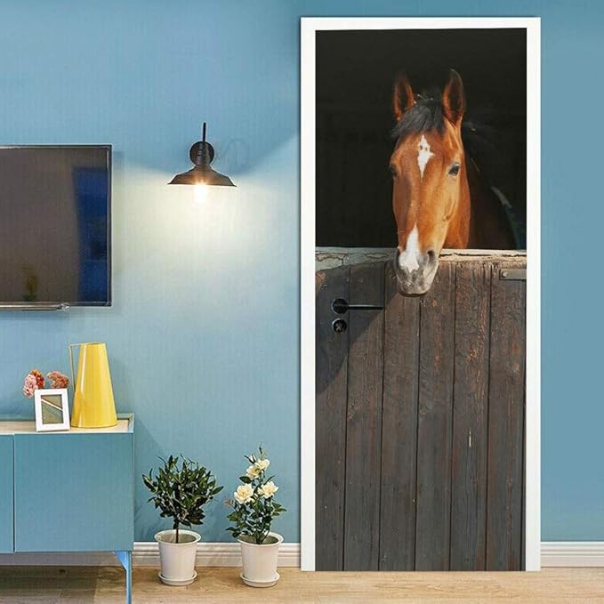 3D Door Stickers Murals Peel and Stick - Horse - Door Wallpaper Self-Adhesive Decals Removable PVC Waterproof Poster for Bedroom Living Room 30.3" x 78.7"