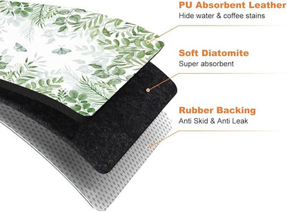 LOKHOM Dish Drying Mat for Kitchen Counter, 12"x20" Absorbent Coffee Bar Mat with Green Plant & Butterfly, Dish Drainer Rack Mats for Kitchen Counter Coffee Maker Pot Dining Room Decoration