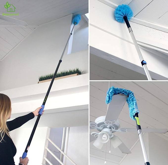 EVERSPROUT 5-to-12 Foot Duster 3-Pack with Extension-Pole (20+ Foot Reach) | Hand-packaged Cobweb Duster, Microfiber Feather Duster, Flexible Microfiber Ceiling & Fan Duster | Aluminum Telescopic Pole