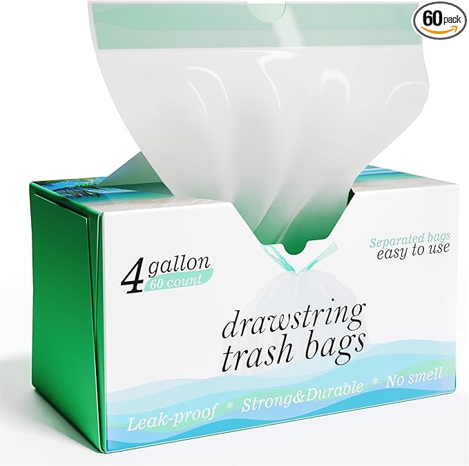 4 Gallon Drawstring Trash Bags - 0.5 Mil Strong - Small Garbage Bags - for Office Bathroom Kitchen - Individual, Unscented, White, 19" x 19", 60 Count