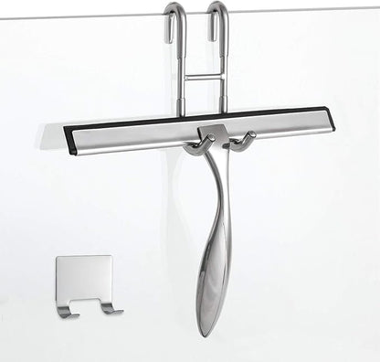 Simtive 10-Inch Shower Squeegee Set, Includes Shower Door Hook and Adhesive Hook, Squeegee for Shower Doors, Mirror and Window, Silver