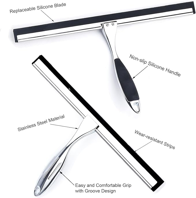 Shower Squeegee, 12 Inch Bathroom Squeegee with Spare Silicone Blade, Shower Door Hook and Adhesive Hook Glass, Stainless Steel Squeegee for Shower Glass Window Bathroom Mirror(12in-Silver-Pack of 1)