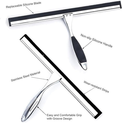 Shower Squeegee, 12 Inch Bathroom Squeegee with Spare Silicone Blade, Shower Door Hook and Adhesive Hook Glass, Stainless Steel Squeegee for Shower Glass Window Bathroom Mirror(12in-Silver-Pack of 1)