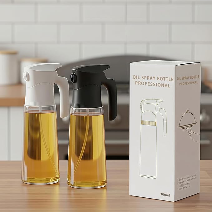 NYXVAULT，A 300ml glass olive oil spray bottle, with precise dosage control, works as a practical kitchen，air fryer tool for salads, frying, grilling (Black)