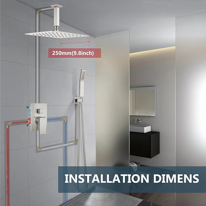 Aolemi Ceiling Mount Shower System Rain Shower Head with Handheld Spray High Pressure Shower Faucet Set Rough-in Valve Shower Trim Kit Included Bathroom Brushed Nickel 10 Inch Ceiling Shower Head