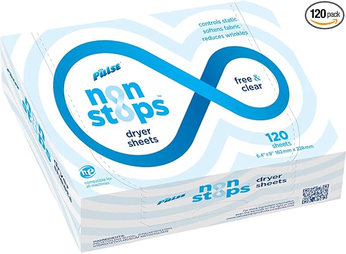 PULSE Non Stops Dryer Sheets - Free & Clear Scented Laundry Fabric Softener Sheets - Reduces Wrinkles - Controls Static - Softens Fabric (120 Count)