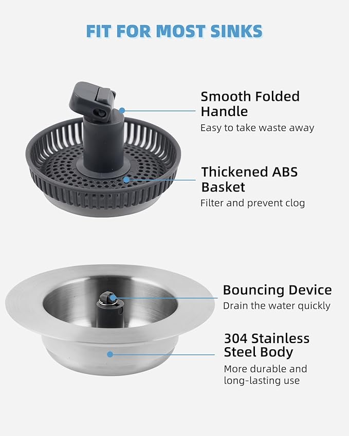 Universal 3 in 1 Kitchen Sink Drain Strainer Stopper Combo, Stainless Steel Shell Pop Up Sink Stopper for US Standard 3-1/2 inch Drain Filter, Anti-Clog and Easy Clean