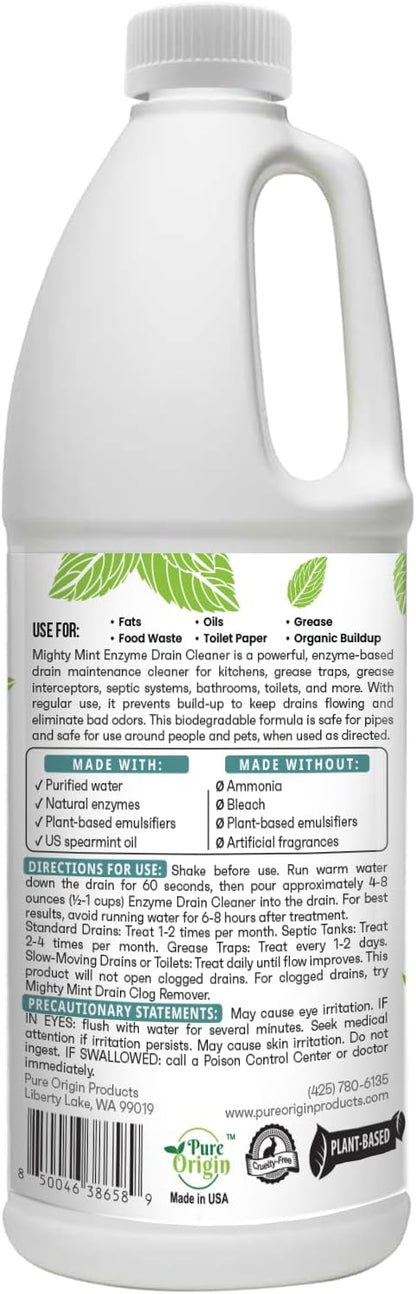 Mighty Mint Enzyme Drain Maintainer – Drain Cleaner & Deodorizer for Odor Control and Buildup Prevention – Safe for Pipes, Septic & Grease Traps - 32 oz.