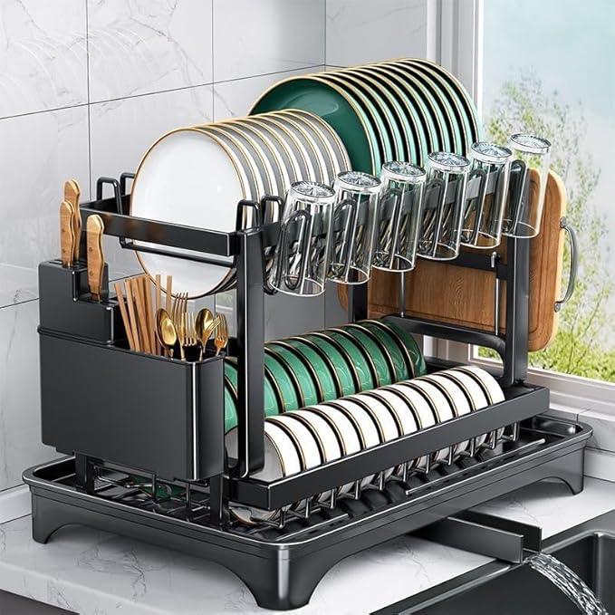 Dish Drying Rack,2-Tier Dish Racks for Kitchen Counterwith Drainboard & Utensil Holder,Large Dish Drying Rack for Bowls/Cups/Bottles(Black)