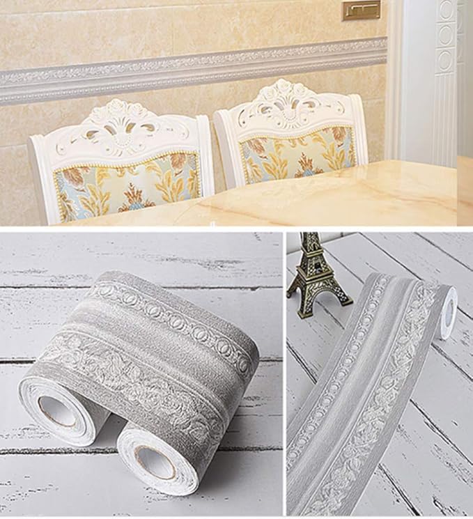 3D Wood Grain Self Adhesive Peel and Stick Waterproof Wall Border Easy to Apply Home Decor Bathroom Kitchen 4 Inch by 16.5 Feet (Gray)