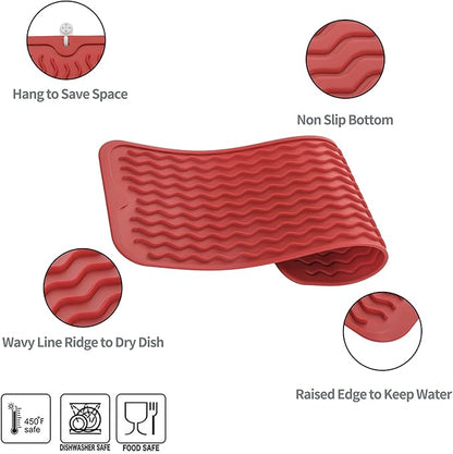 MicoYang Silicone Dish Drying Mat for Multiple Usage,Easy clean,Eco-friendly,Heat-resistant Silicone Mat for Kitchen Counter,Sink,Bar,Bottle,or Cup Red M 17 inches x 6 inches