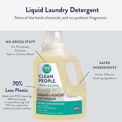 The Clean People Liquid Laundry Detergent - Recyclable Packaging, Stain Fighting - Ultra Concentrated, Laundry Soap - Fresh Scent, 50 fl oz