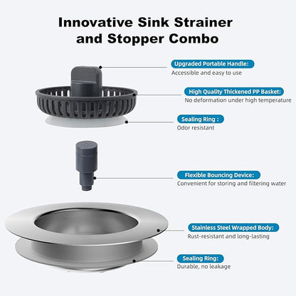 Universal 2 Pack Kitchen Sink Strainer with Drain Stopper Set, Stainless Steel Pop Up Kitchen Sink Stopper, Equipped with 4 Basket Strainers, Dishwasher Safe, Fits 3-1/2'' Drain