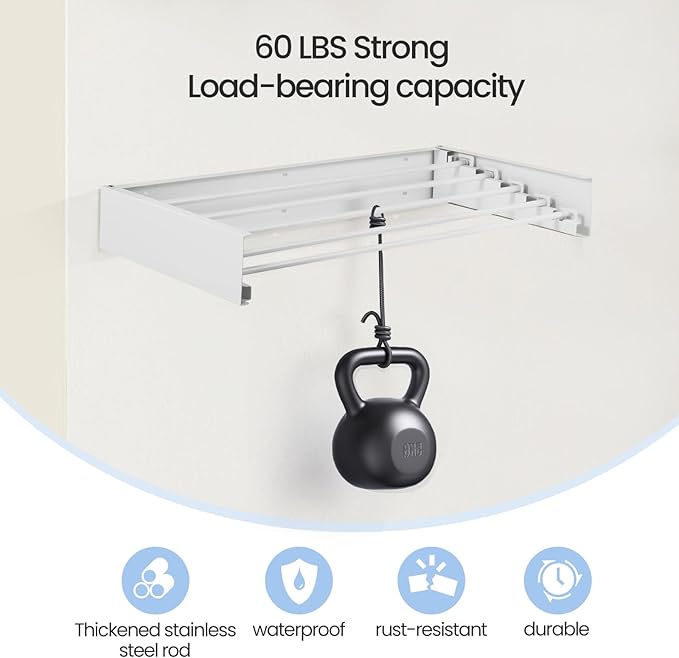 Wall Mounted Laundry Drying Rack, Carbon Steel Foldable & Retractable Clothes Drying Rack, Space Saving Adjustable Towel Holder for Bathroom, Laundry, Small Spaces (1, White, 80cm)