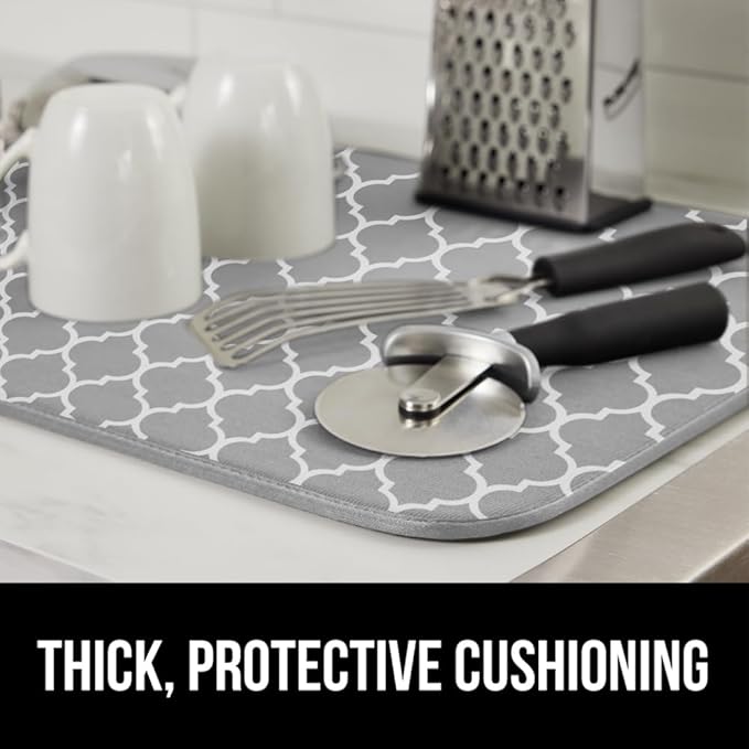 GORILLA GRIP Ultra Water Absorbent Microfiber Dish Drying Mat, 18x24, Quick Dry Mesh, Slip Resistant Pad for Sink Dishes or Under Rack, Kitchen Counter Accessories, Machine Wash, 2 Pack Quatrefoil