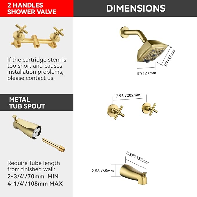 2 Handle Shower Faucet Set with Tub Spout 6-Spray Shower Head and Handle Set Shower Trim Kit with Rough-in Valve Bathroom Shower Faucet Valve Trim Kit Brushed Gold