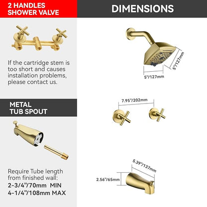 2 Handle Shower Faucet Set with Tub Spout 6-Spray Shower Head and Handle Set Shower Trim Kit with Rough-in Valve Bathroom Shower Faucet Valve Trim Kit Brushed Gold