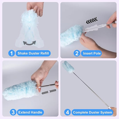 ITTAR 30 Count Duster Refills Kit with Extension Pole, Microfiber Feather Duster for Cleaning Ceiling Fan, Blinds, Furniture, Vents & Shelves - Blue
