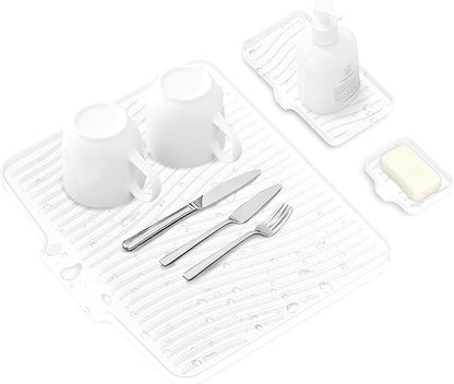 Silicone Dish Drying Mat for Kitchen Counter, Dish Drying Pad, Non-Slip Drain Pad with Built-in Drain, Heat Resistant Stone Drying Mat,Ivory-1Set-XL