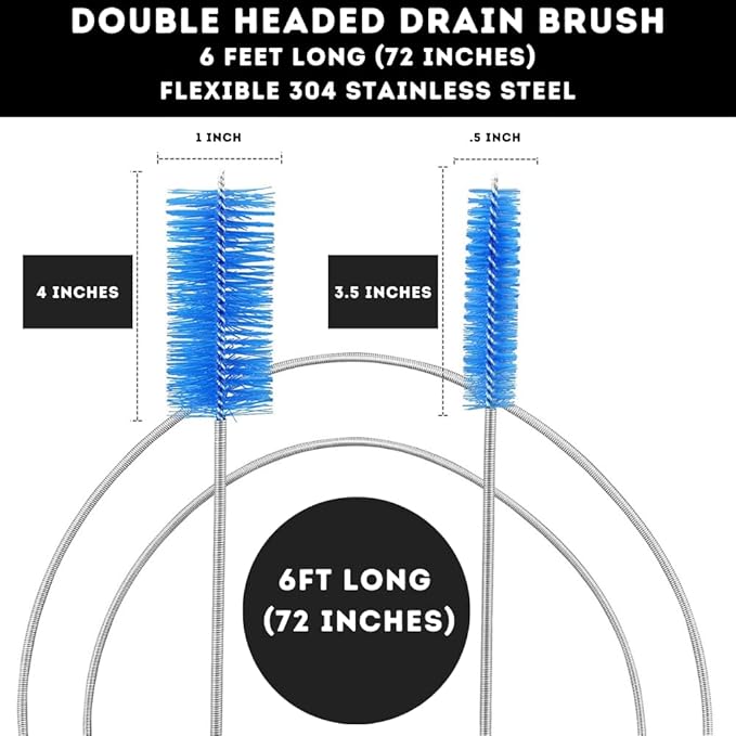 Flexible Drain Cleaning Brush (72" Long) for Drains, Bottles, Bathroom Sink, Bathtub, Shower, and Kitchen Sink, Heavy-Duty Double Ended Nylon with Elastic Hose, Bathroom Essentials, Purple