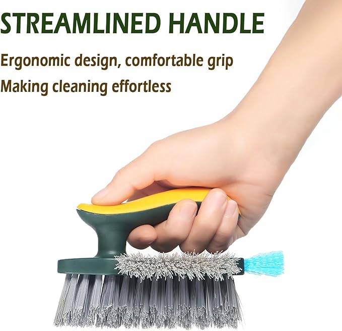 4 in 1 Grout Cleaning Brush with Scrape, V Shape Grout Cleaner Brush for Tile Floors, Tile Grout Brush with Stiff Bristles for Shower, Bathroom, Corner, Baseboard, Kitchen, Household - Green