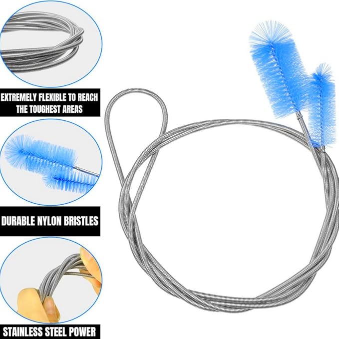 Flexible Drain Cleaning Brush (72" Long) for Drains, Bottles, Bathroom Sink, Bathtub, Shower, and Kitchen Sink, Heavy-Duty Double Ended Nylon with Elastic Hose, Bathroom Essentials, Blue
