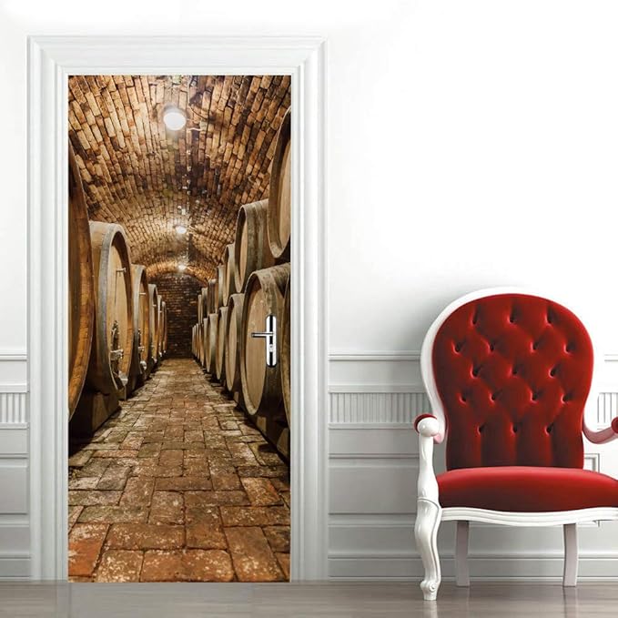 3D Door Stickers Murals Peel and Stick - Wine Cellar Wallpaper Self-Adhesive Decals Removable PVC Waterproof Poster for Bedroom Living Room Decoration 34.6" x 78.7"