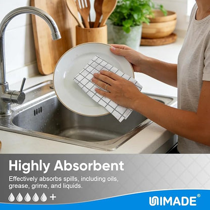 Microfiber Cleaning Cloths, 100 Sheets Reusable Kitchen Towels & Dish Cloths, Lint-Free Absorbent Cleaning Rags, Bulk Kitchen Cleaning Cloths for Household & Restaurant, 11" x 9", Grid Pattern