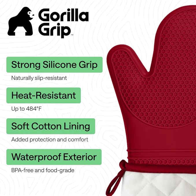 GORILLA GRIP BPA-Free Soft Silicone Oven Mitts, Heat Resistant and Waterproof Cooking Safety Gloves, Thick Cotton Lining, Flexible Gripping, Kitchen Potholders Set, for Grilling, BBQ, 12.5x8.3, Red