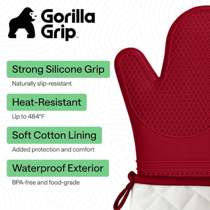 GORILLA GRIP BPA-Free Soft Silicone Oven Mitts, Heat Resistant and Waterproof Cooking Safety Gloves, Thick Cotton Lining, Flexible Gripping, Kitchen Potholders Set, for Grilling, BBQ, 12.5x8.3, Red