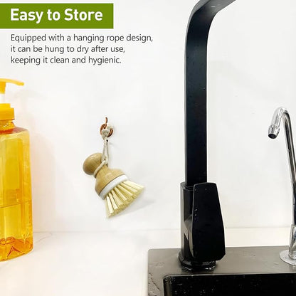 Kitchen Dish Brush, Natural Bamboo Dishwashing Scrubber for Cleaning Dishes, Pots, and Pans with Hanging Rope