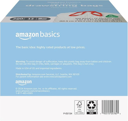 Amazon Basics 13 Gallon Tall Kitchen Drawstring Trash Bags, Clean Fresh Scent, 10% Post Consumer Recycled, 0.9 mil Thick, 200 Count