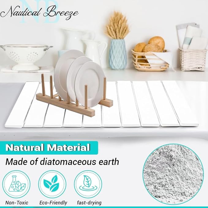 Roll-Up Stone Mat - Premium Diatomaceous Earth Dish Drying Rack, Water Absorbent Roll-Out Dish Drying Mat for Kitchen Countertops, Eco-Friendly, Quick-Dry Surface White